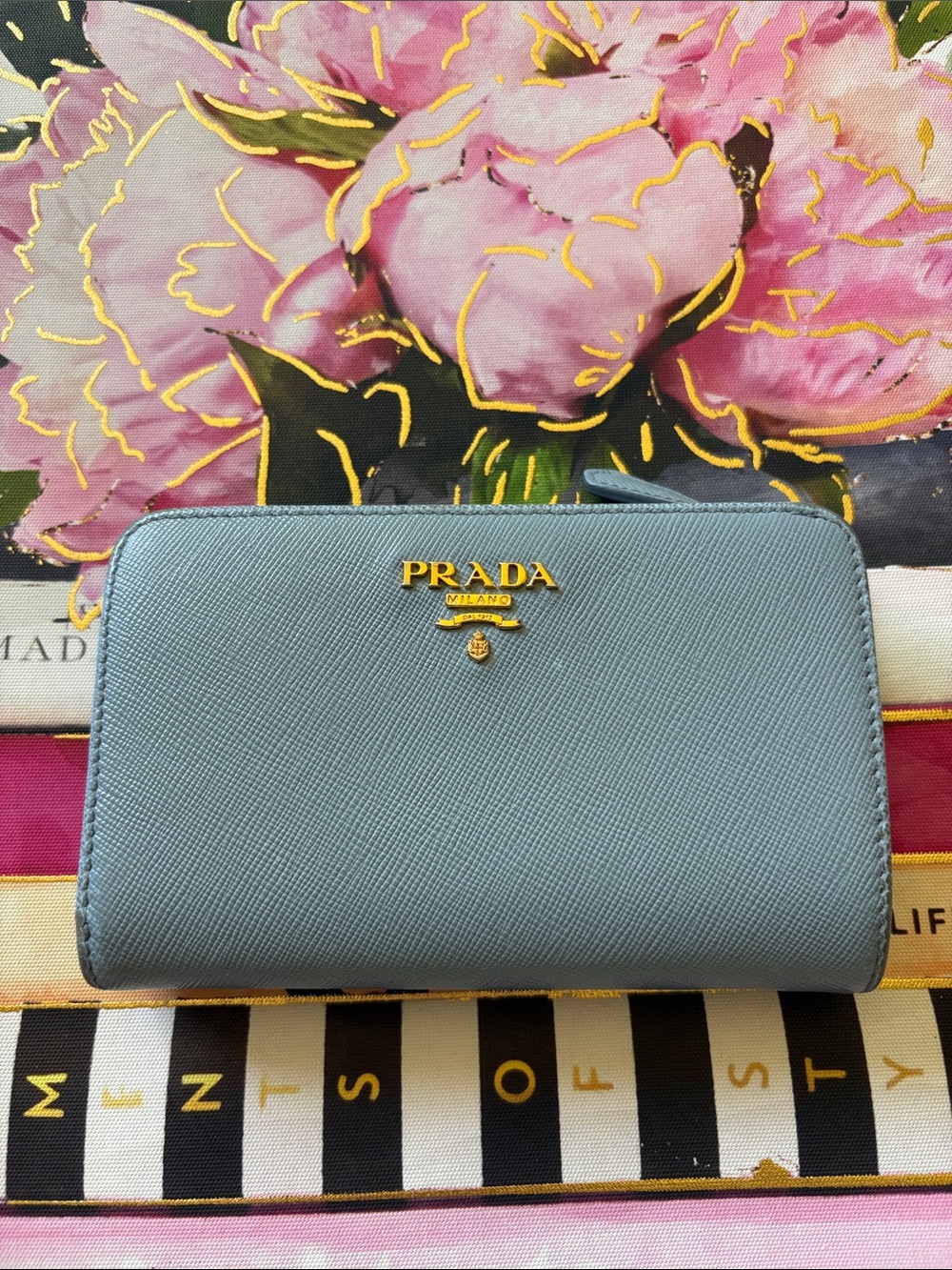 Prada Light Blue Saffiano Zip Wallet with Gold Logo lots of card holders.
